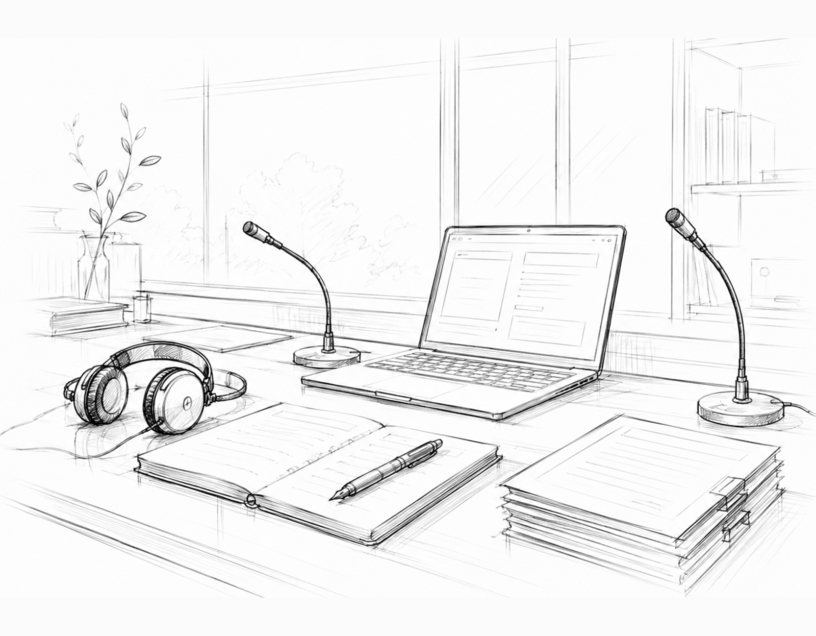 A shared desk holding a headset, an open notepad with a pen, a laptop, two conference microphones and a stack of documents.