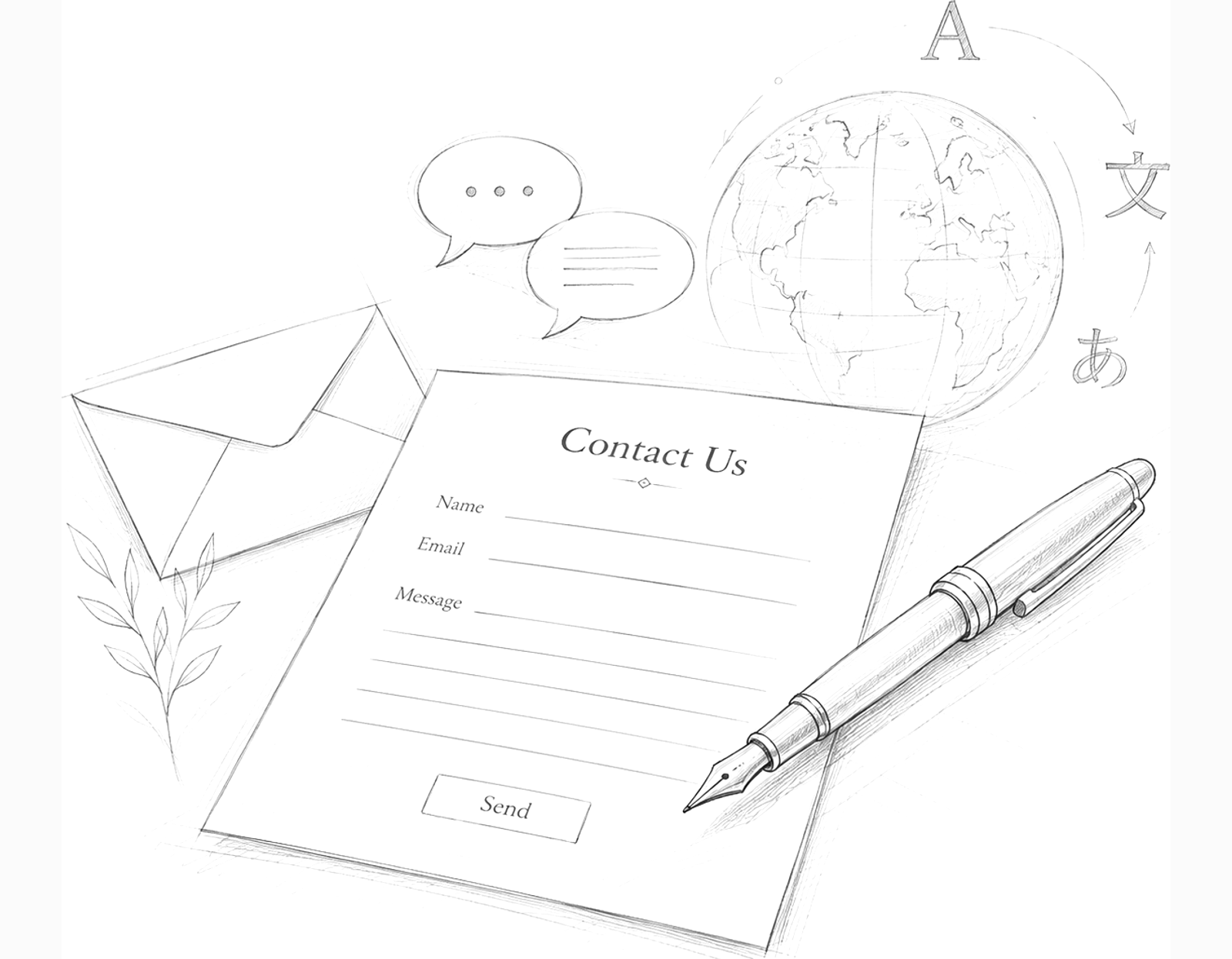 A contact form on a desk with a fountain pen, an open envelope, speech bubbles and a globe ringed by characters from several writing systems.