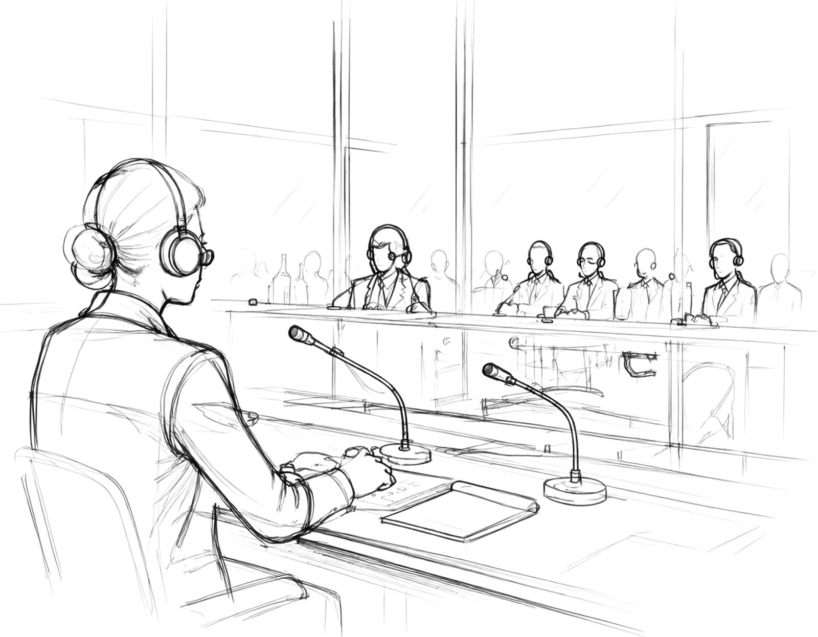 A conference interpreter wearing headphones, seated in a booth facing a panel of speakers.