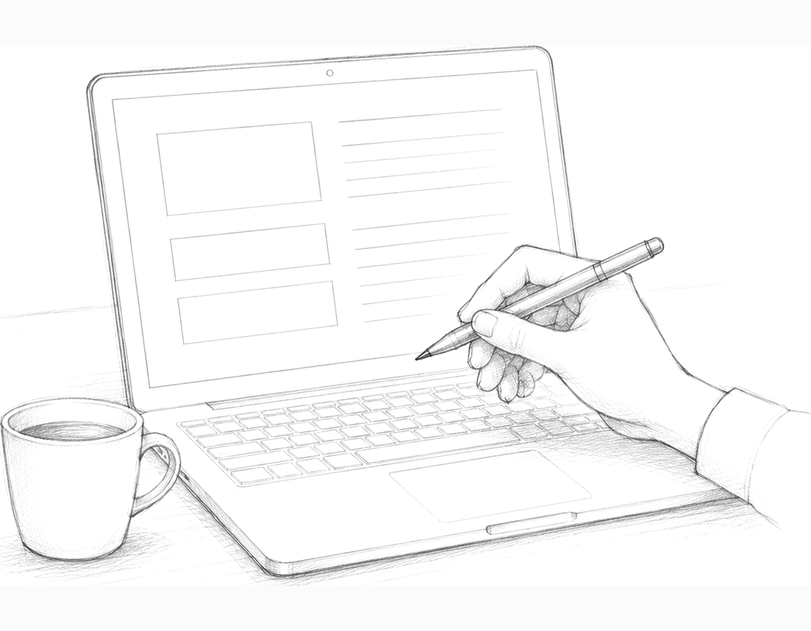 A hand holding a pen over an open laptop displaying a draft text, next to a cup of coffee.