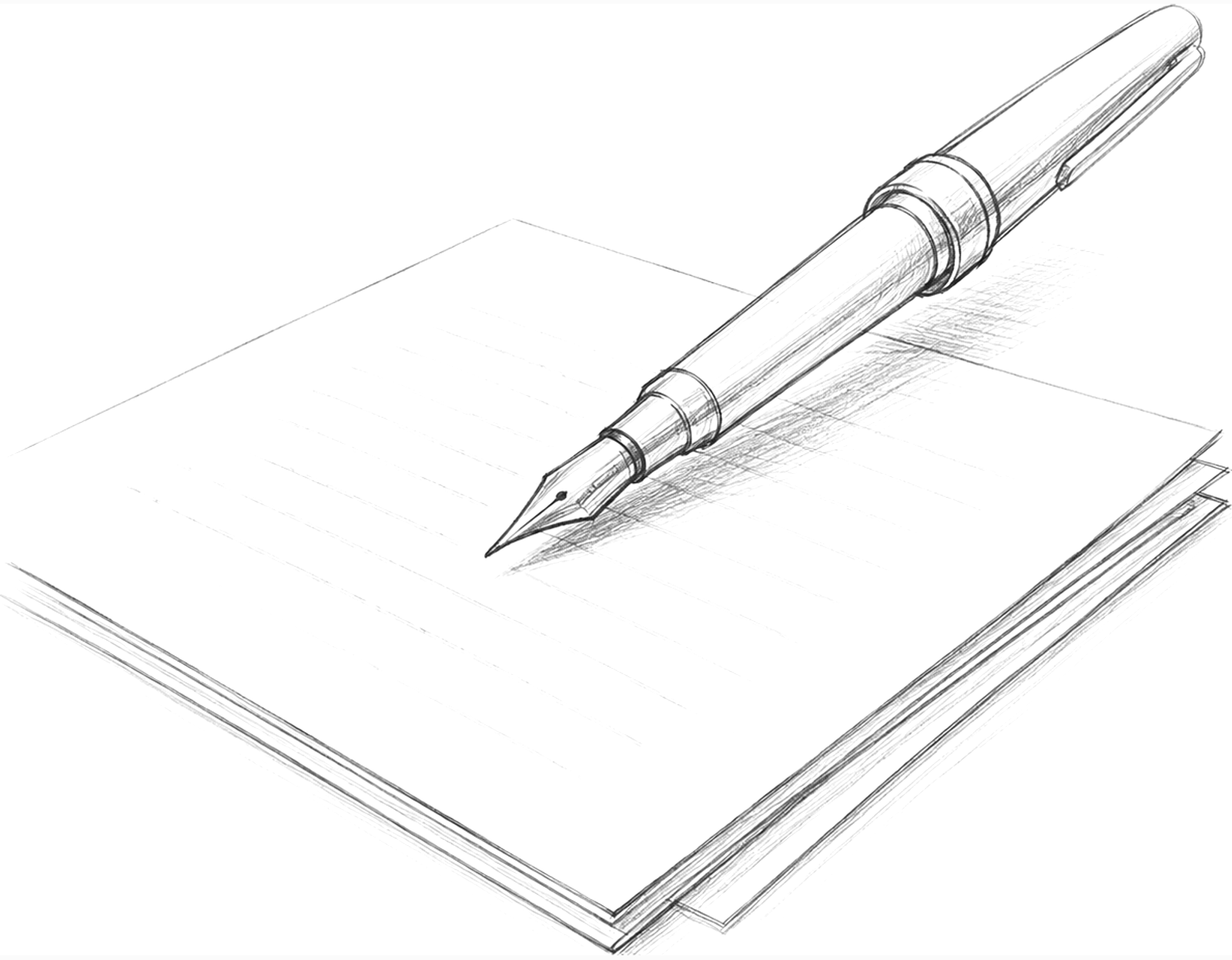 A fountain pen resting on a stack of ruled writing paper.